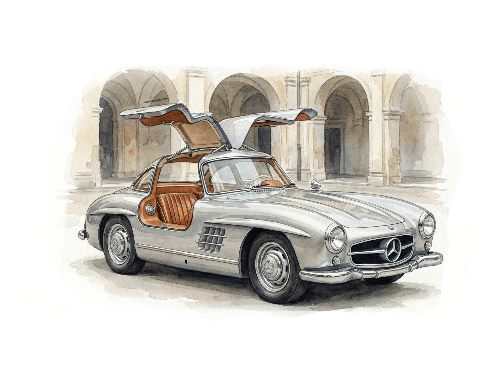 Mercedes-Benz 300 SL Gullwing watercolor artwork