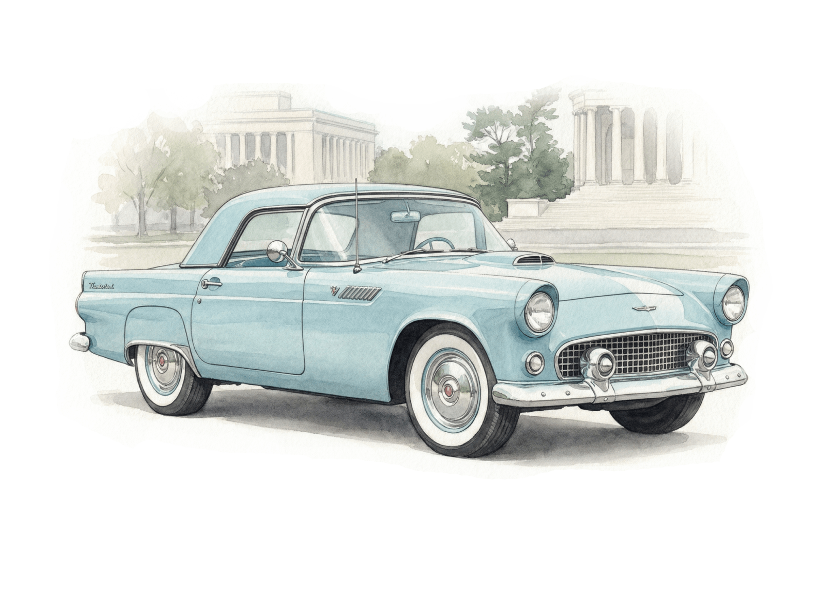 Ford Thunderbird 1955 watercolor artwork